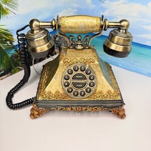 Vintage Style Rotary Corded Landline Telephone – Ornate Gold Retro Phone